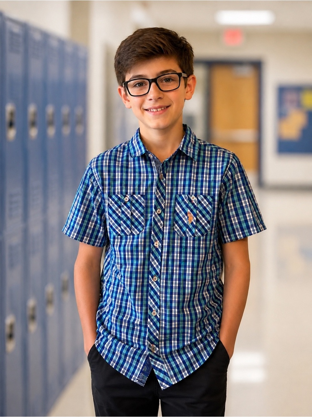 U. S. Polo Boys Blue Plaid Short-Sleeve Button-Up Shirt
